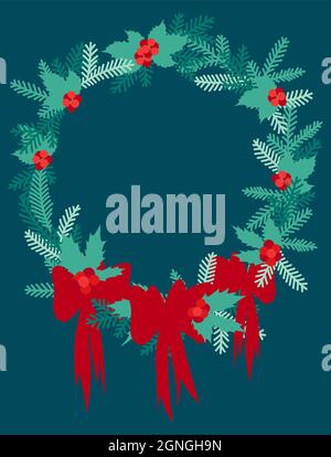 Cornice rotonda con rami in abete per Capodanno o natale in stile piatto. Illustrazione Vettoriale