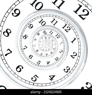 Quadrante di orologio ritorto senza mani che rappresenta la spirale di tempo infinita. Effetto Droste. Foto Stock