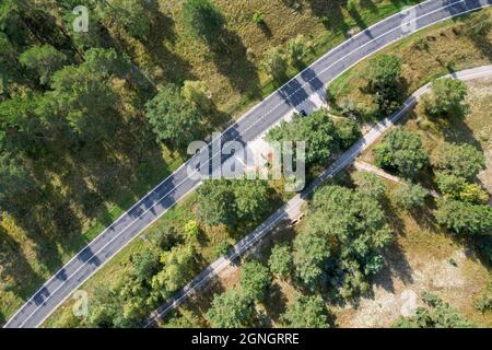 Vista dall'alto di boschi, alberi e strada. Boschi di spit curoniano un sito patrimonio dell'umanità dell'UNESCO. Paesaggio autunnale fotografato con un drone. Foto Stock