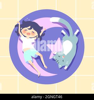 Ragazza carina di cartone animato e gatto che prende un pisolino che dorme Foto Stock