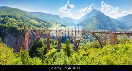 Vista panoramica mattutina del ponte Djurdjevica sul fiume Tara. Luminosa mattinata estiva in Montenegro, Europa. Bellissimo mondo del Mediterraneo conto Foto Stock