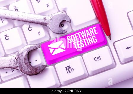 Ispirazione che mostra il test del software dei segni. Panoramica aziendale valutare la funzionalità di un'applicazione software digitando e pubblicando descrizioni Foto Stock
