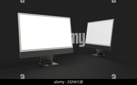 Rendering 3D di due schermi realistici per computer con spazio di copia isolato su sfondo nero Foto Stock