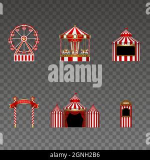 Set di elementi funfair. Ruota ferris isolata, giostra, stalla, cartello, circo e biglietteria. luna Park elementi per carnevale e vacanze bac Illustrazione Vettoriale