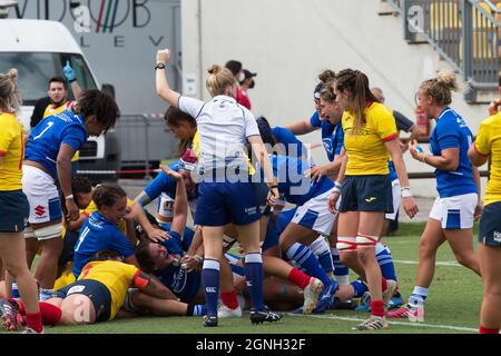 Parma, Italia. 25 settembre 2021. Segna la prima prova per l'Italia durante la qualificazione di Rugby Women's World Cup 2022 - Italia vs Spagna, Coppa del mondo a Parma, Italia, Settembre 25 2021 Credit: Independent Photo Agency/Alamy Live News Foto Stock