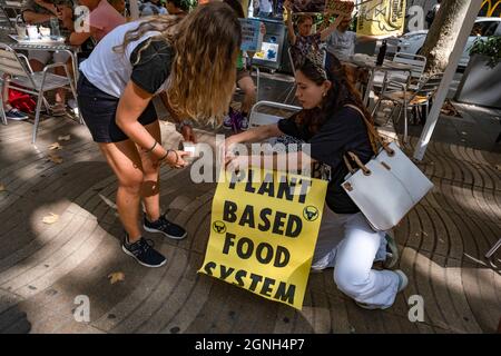 Barcellona, Spagna. 25 Settembre 2021. Gli attivisti della Animal Rebellion di Barcellona sono visti posizionare una targhetta sulla terrazza del McDonald's durante la dimostrazione. Gli attivisti della ribellione degli animali di Barcellona hanno compiuto un'azione a sorpresa sulla terrazza di un'istituzione della catena McDonalds sulla Rambla a Barcellona, denunciando la distruzione del clima e delle sofferenze degli animali, Richiedere l'implementazione di un menu vegano MacDonaldís per il 2025. (Foto di Paco Freire/SOPA Images/Sipa USA) Credit: Sipa USA/Alamy Live News Foto Stock