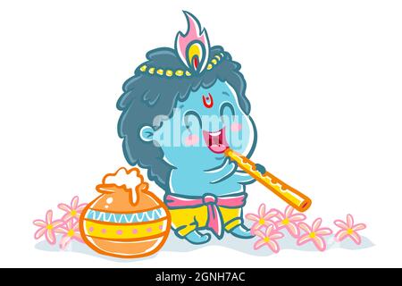 Illustrazione vettoriale in stile kawaii per Krishna Janmashtami. Piccola Krishna in stile kawaii. Illustrazione Vettoriale