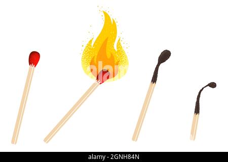 Vettore retro illustrazione di una partita con fuoco. Icona vintage di partita diversa con la fiamma. Serie vettoriale di corrispondenze. Illustrazione Vettoriale