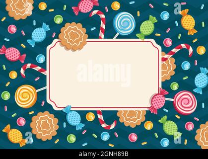 Vintage Vector Card con caramelle per feste o vacanze. Scheda vettoriale con caramelle per Natale o Capodanno Illustrazione Vettoriale