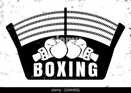 Logo Vector vintage per una boxe con due guanti e un anello da boxe. Emblema retrò per pugilato. Poster di una boxe con guanti e anello Illustrazione Vettoriale