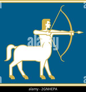 Illustrazione vettoriale Centaur o Sagittario Archer. Mezzo uomo, mezzo cavallo con arco e freccia disegno semplificato con profilo pesante. Illustrazione Vettoriale