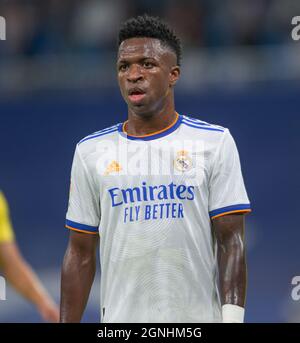 Estadio Santiagp Bernabeu, Madrid, Spagna. 25 Settembre 2021. Men's la Liga, Real Madrid CF versus Villarreal CF; Vinicius Jnr. Credit: Action Plus Sports/Alamy Live News Foto Stock