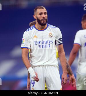 Estadio Santiagp Bernabeu, Madrid, Spagna. 25 Settembre 2021. Men's la Liga, Real Madrid CF versus Villarreal CF; Karim Benzema non ha continuato con il suo punteggio streak Credit: Action Plus Sports/Alamy Live News Foto Stock