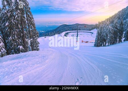 Favolosi pini innevati e stazione sciistica invernale con colorate gondole all'alba. Piste da sci e lago ghiacciato nella località di Poiana Brasov, Tran Foto Stock