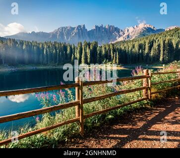 Splendida vista estiva sul lago Carezza (Karersee). Spettacolare scena mattutina delle Alpi Dolomiti, provincia di Bolzano, Alto Adige, Italia, Europa. Bellezza di Foto Stock