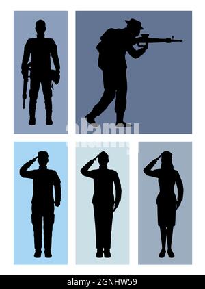 cinque silhouette a squadre militari Illustrazione Vettoriale