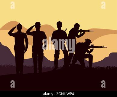 cinque silhouette militari nel campo Illustrazione Vettoriale