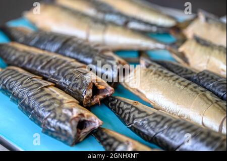 Pezzi di sgombro affumicato giacciono su un nastro trasportatore. Fabbrica di cibo di pesce. Foto Stock