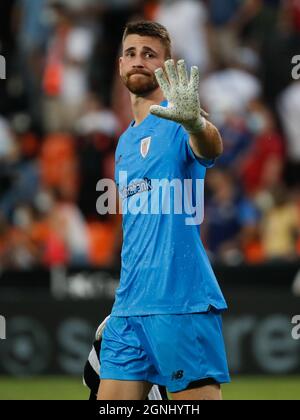 Unai Simon of Athletic Club durante la partita la Liga tra Valencia CF e Athletic Club allo stadio Mestalla di Valencia, Spagna. Foto Stock