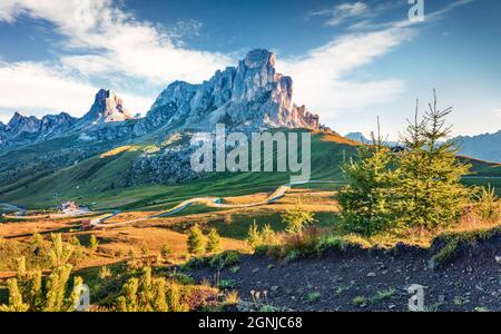 Bella vista mattutina della vetta Ra Gusela, Averau - gruppo Nuvolau dal Passo di Giau. Maestosa scena estiva delle Alpi dolomitiche, Cortina d'Ampezzo locati Foto Stock