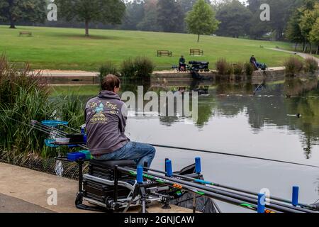 Northampton. REGNO UNITO. 26 settembre 2021. Abington Park. L'ultimo fine settimana di gara di pesca della stagione per Abington Fishing Club che ha avuto inizio alle 0900, con i soci in tutto il lago del parco. Credit: Keith J Smith./Alamy Live News. Foto Stock