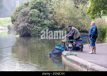 Northampton. REGNO UNITO. 26 settembre 2021. Abington Park. L'ultimo fine settimana di gara di pesca della stagione per Abington Fishing Club che ha avuto inizio alle 0900, con i soci in tutto il lago del parco. Credit: Keith J Smith./Alamy Live News. Foto Stock