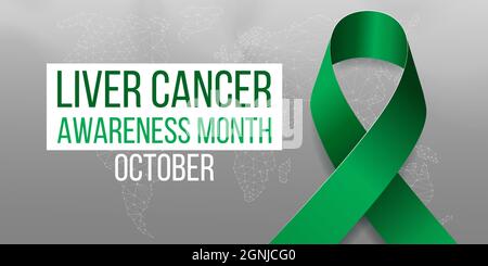 Concetto di mese di consapevolezza del cancro del fegato. Banner con nastro verde smeraldo e testo. Illustrazione vettoriale. Illustrazione Vettoriale