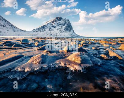 Torrente ghiacciato sulla riva del mare norvegese. Vista mattutina fredda di Haukland Beach, Vastvagoy, Lofoten Island, Norvegia, Europa. Bellezza della natura concetto b Foto Stock