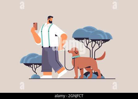 giovane uomo a piedi con cane maschio proprietario e simpatica amicizia animale domestico con concetto di animale domestico Illustrazione Vettoriale