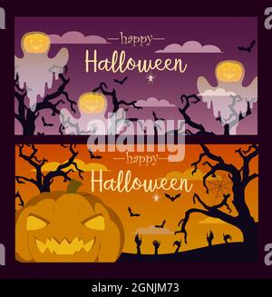 Set vettoriale di inviti per feste o banner di Halloween. Zucca sullo sfondo del tramonto. Fantasmi di zucca con alberi sullo sfondo. Felice Illustrazione Vettoriale