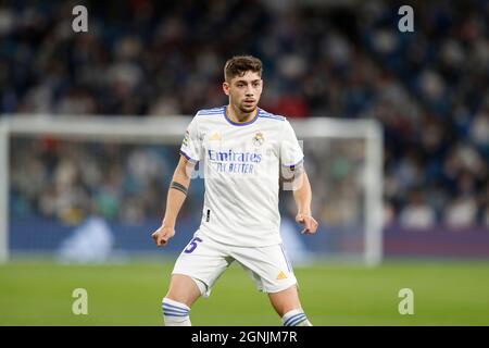 Fede Valverde (Real), 25 SETTEMBRE 2021 - Calcio / Calcio : la Liga Santander in spagnolo match tra Real Madrid CF 0-0 Villarreal CF all'Estadio Santiago Bernabeu di Madrid, Spagna. (Foto di Mutsu Kawamori/AFLO) Foto Stock