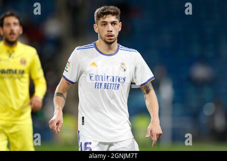 Fede Valverde (Real), 25 SETTEMBRE 2021 - Calcio / Calcio : la Liga Santander in spagnolo match tra Real Madrid CF 0-0 Villarreal CF all'Estadio Santiago Bernabeu di Madrid, Spagna. (Foto di Mutsu Kawamori/AFLO) Foto Stock