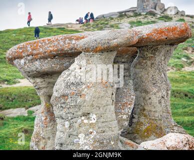 Formazioni rocciose a forma di fungo chiamate Babele (le donne anziane) nell'altopiano dei Monti Bucegi in Romania. Una delle destinazioni turistiche più popolari in Foto Stock