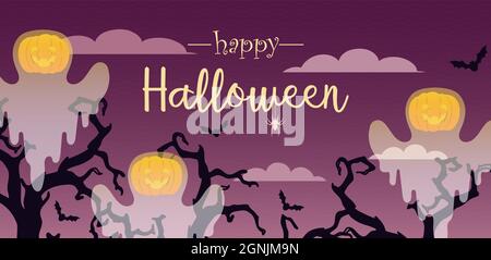 Fantasmi di zucca con alberi sullo sfondo. Banner Happy Halloween. Illustrazione Vettoriale