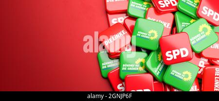 Logo dei partiti politici tedeschi SPD, Die Grünen, Die Linke che potrebbero formare la cosiddetta coalizione verde rossa nelle elezioni del Bundestag. Foto Stock