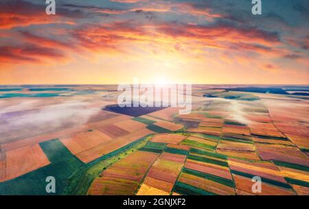 Vista aerea estiva dal drone volante di campi di grano. Incredibile scena mattutina della campagna Ucraina, regione di Ternopil, Ucraina occidentale, Europa. BEA Foto Stock