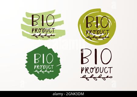 Badge e etichette disegnati a mano con vegetariano, vegano, crudo, eco, bio, Naturale, fresco, senza glutine e OGM dieta. Set di elementi alimentari biologici Illustrazione Vettoriale