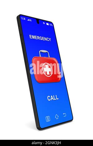 kit di pronto soccorso e telefono su sfondo bianco. Illustrazione 3d isolata Foto Stock