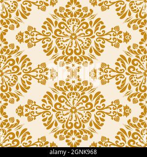 Ornamento in Damasco oro senza cuciture. Ricco pattern sfondo orientale. Oro, beige. Texture decorativa. Modelli Mehndi. Per tessuto, carta da parati Illustrazione Vettoriale