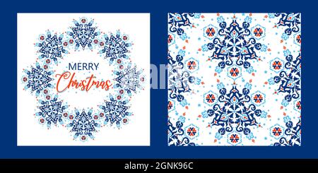 Set di sfondi di Natale. Buono regalo Merry Natale stagione saluti sfondo. Inverno sfondo blu Natale con fiocchi di neve e neve Illustrazione Vettoriale