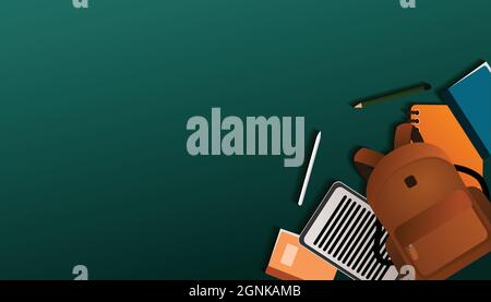 disegno vettoriale per il ritorno a scuola con disegno della lavagna e borsa della scuola e cancelleria Illustrazione Vettoriale