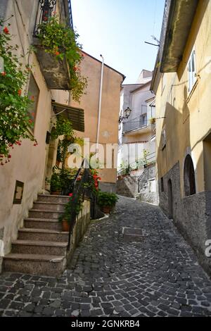 Una stradina a Longano, città medievale della regione del Molise, Italia. Foto Stock