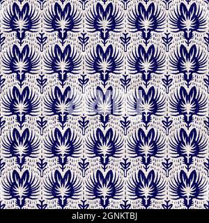 Indigo blu fiore blocco stampa tinta tessuto di lino sfondo. Campione giapponese di ripetizione batik tessuto senza cuciture. Sfocatura floreale organica afflosciata Foto Stock