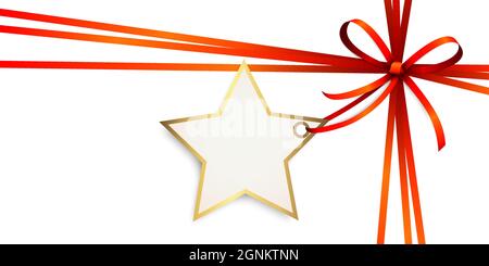 EPS 10 immagine vettoriale dell'arco a nastro rosso e. banda regalo con la forma di una stella dorata pendente per saluti di natale isolato su bianco backg Illustrazione Vettoriale
