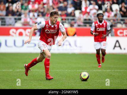 Thomas Foket di Reims durante il campionato francese Ligue 1 partita di calcio tra Stade de Reims e FC Nantes (FCN) il 26 settembre 2021 allo Stade Auguste Delaune di Reims, Francia - Foto Jean Catuffe / DPPI Foto Stock