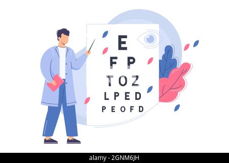 Oftalmologo piatto controllare la vista con la tabella di prova oculare. L'oculista con puntatore misura l'acuità visiva. Medico diagnosticare la condizione degli occhi in clinica. Concetto di esame medico-diagnostico o oftalmico. Illustrazione Vettoriale