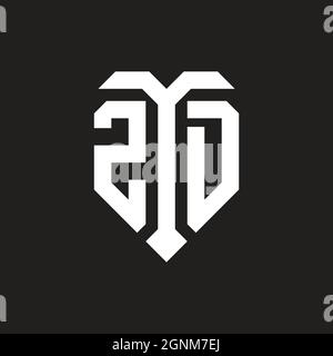 Logo ZD con design vettoriale isolato in bianco e nero a forma d'amore, monogramma a forma di cuore Illustrazione Vettoriale