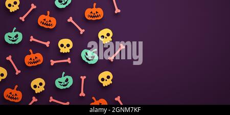 Sfondo del banner di Halloween con zucche, ossa, teschi e spazio di copia in 3D. Modello felice di volantino di Halloween con roba in carta taglio stile Foto Stock