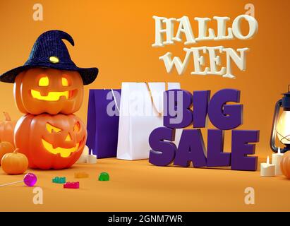 Halloween grande vendita banner promozionale con zucche e borse shopping in 3D rendering. Modello pubblicitario di Halloween felice Foto Stock