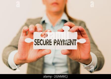 Ispirazione che mostra il segno pagamento sicuro. Concetto significato sicurezza di pagamento si riferisce a garantire di pagato anche in disputa Businesswoman trovare strategia per Foto Stock